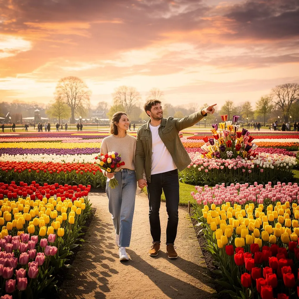Een groep mensen die samen een herinneringsfoto maakt tussen de tulpen.